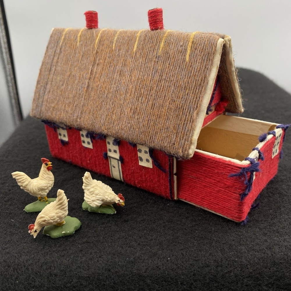 Vintage Mini Matchbox Barn & Chicken Rooster Hen Figures Match Box Play Toy Red
